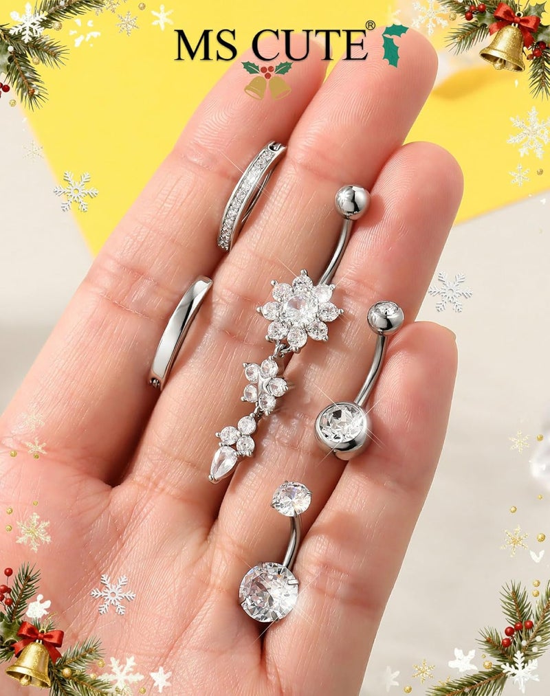 MS CUTE 5PCS Belly Button Rings for Women 14G Dangle Navel Piercing Jewelry Set Surgical Stainless Steel Body Jewelry with CZ Butterfly Flower Teardrop Barbell for Beach Festival Daily - Image 3
